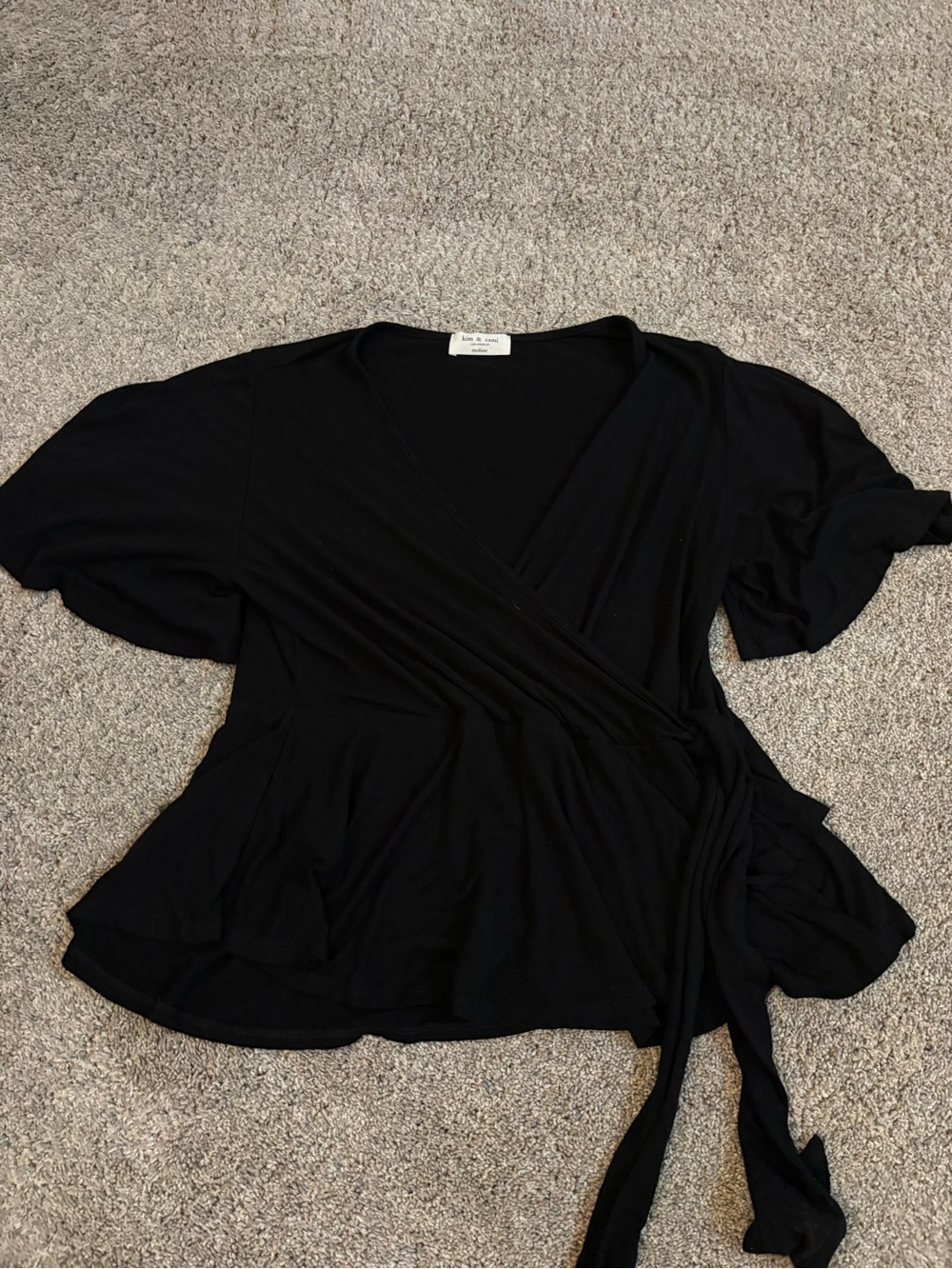 Kim & Cami Black Wrap-Front Short Sleeve Top